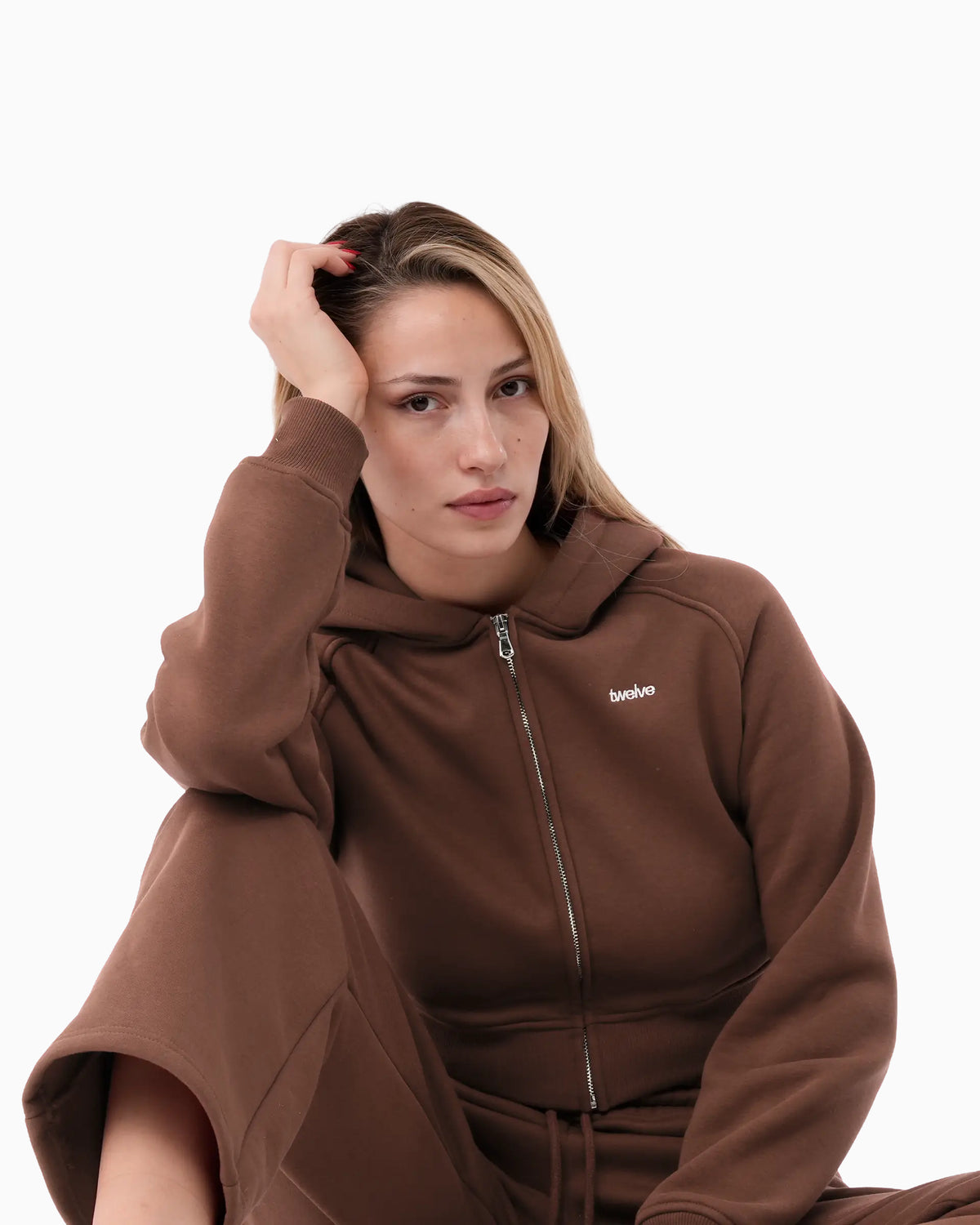 Twelve Cropped Zip Hoodie – Chocolate Brown – ürün görseli