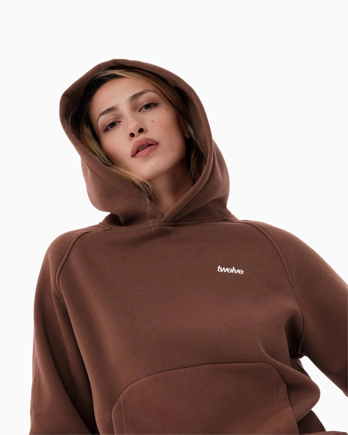 Twelve Hoodie – Chocolate Brown – on model