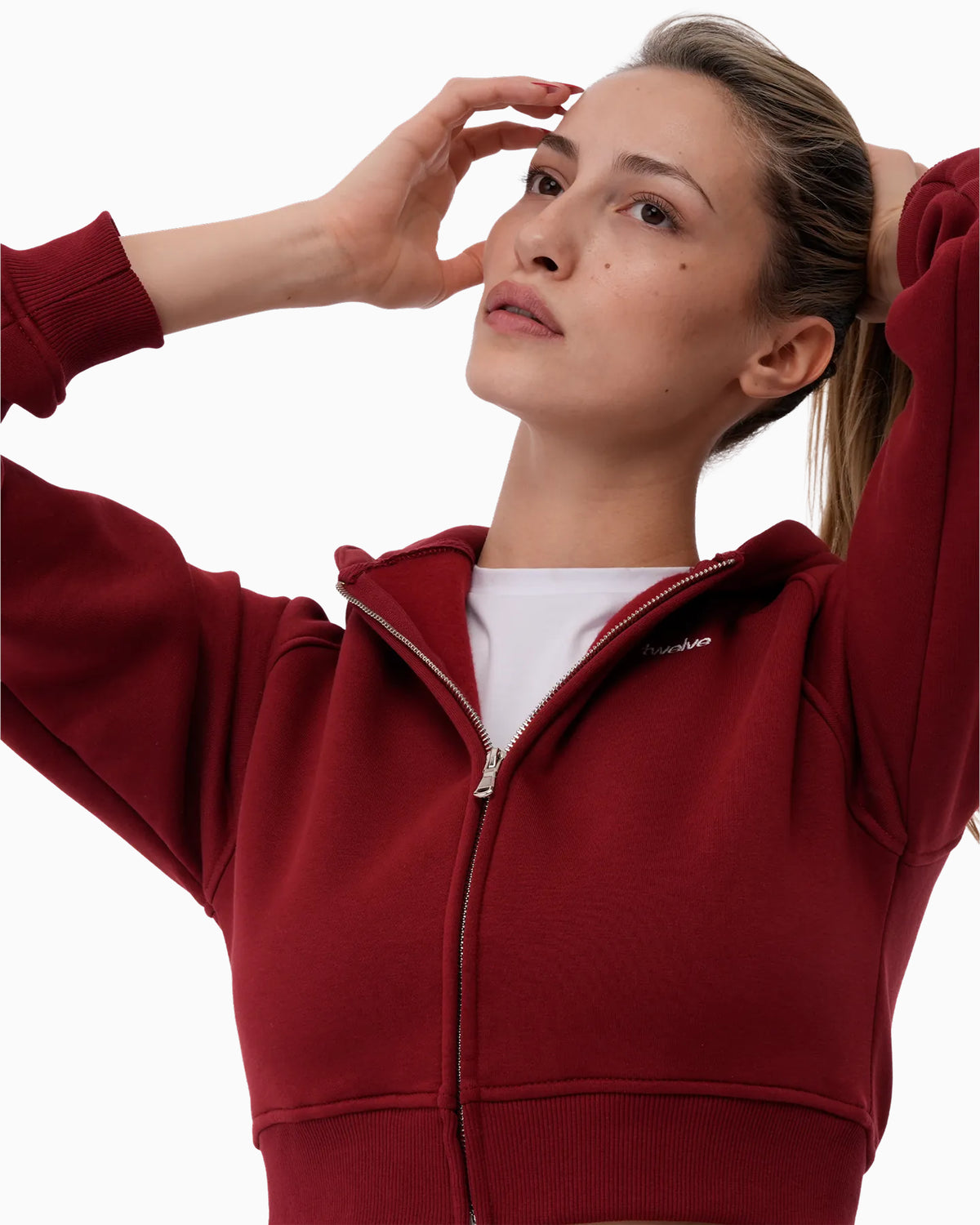 Twelve Cropped Zip Hoodie – Wine Red – ürün görseli