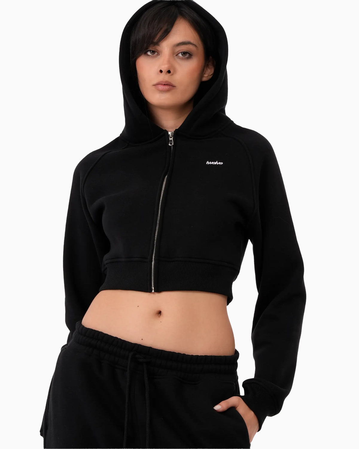 Twelve Cropped Zip Hoodie – Black – ürün görseli